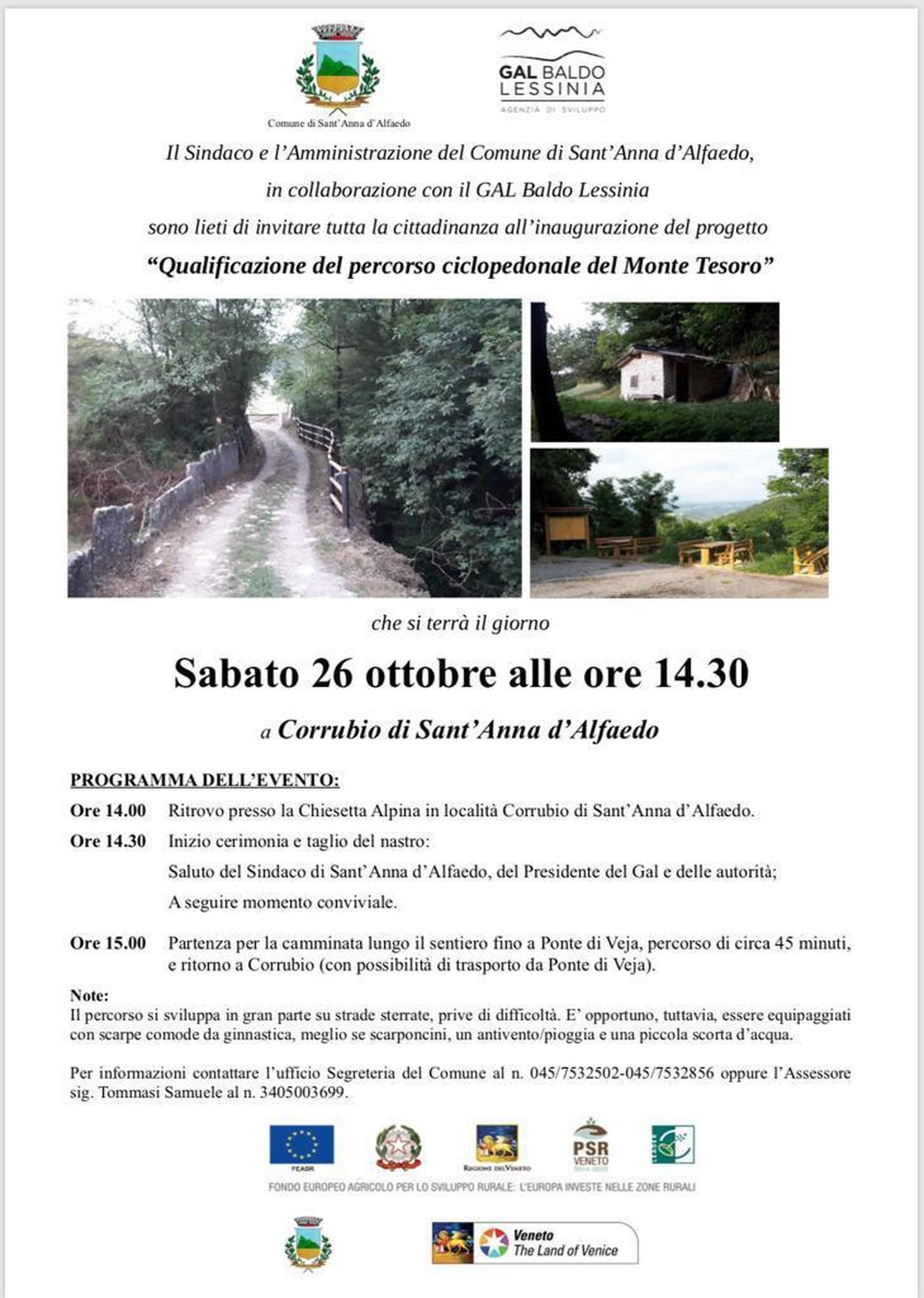 Sabato 26 ottobre inaugurazione a Sant'Anna d'Alfaedo del progetto a Regia GAL " Qualificazione del percorso ciclopedonale del Monte Tesoro"